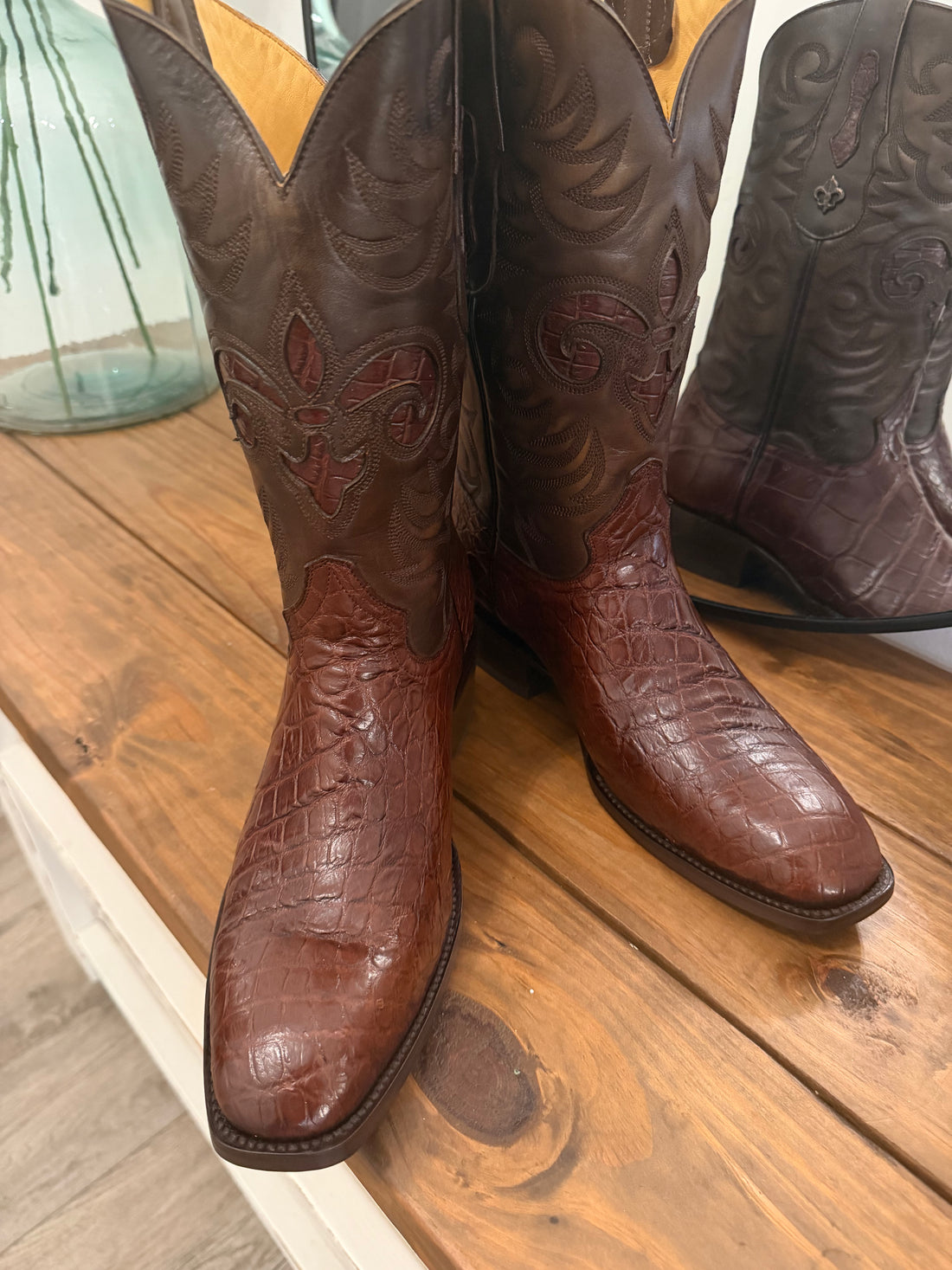 Square toe authentic hand crafted Louisiana alligator boots.