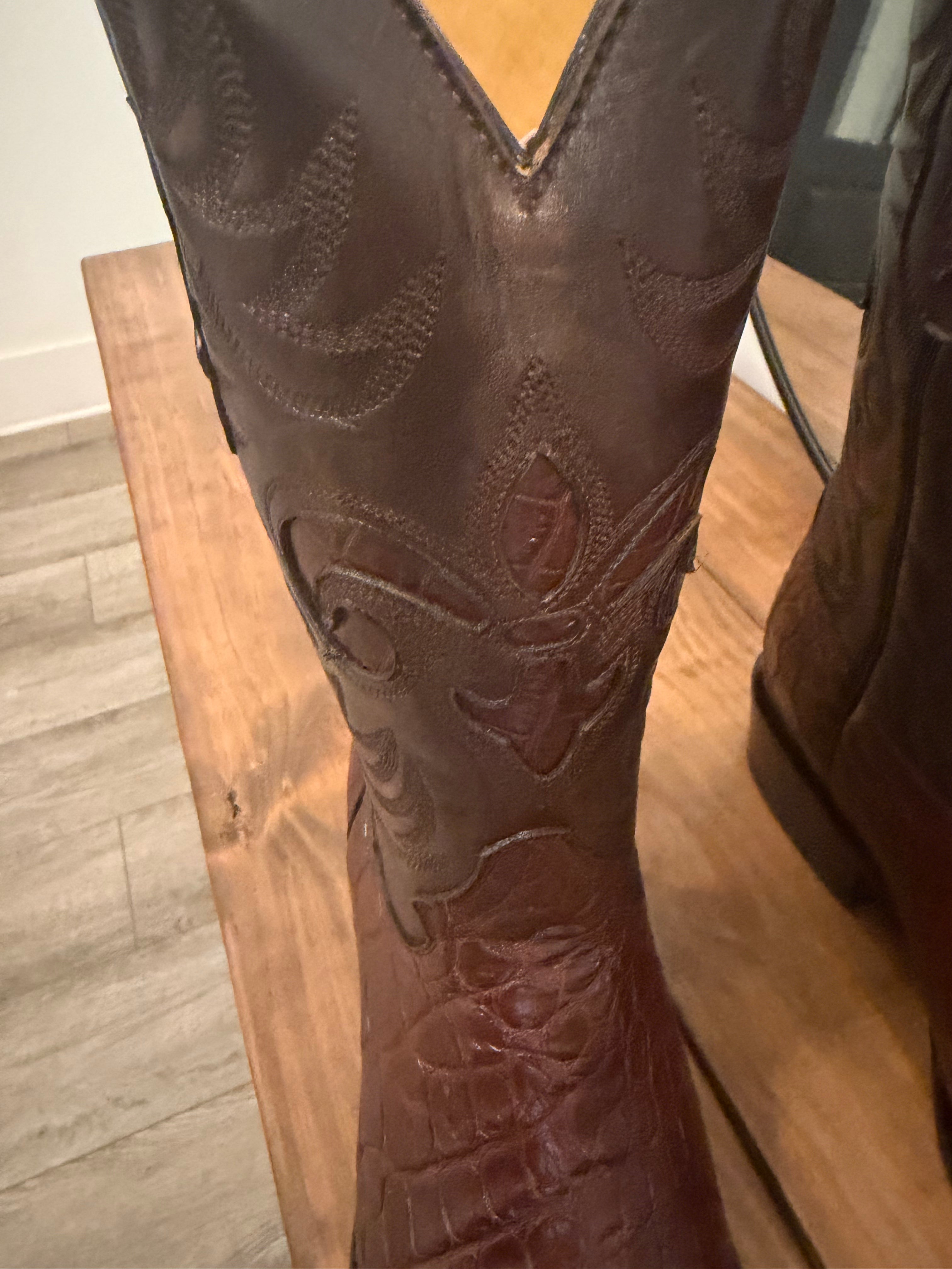 Square toe authentic hand crafted Louisiana alligator boots.
