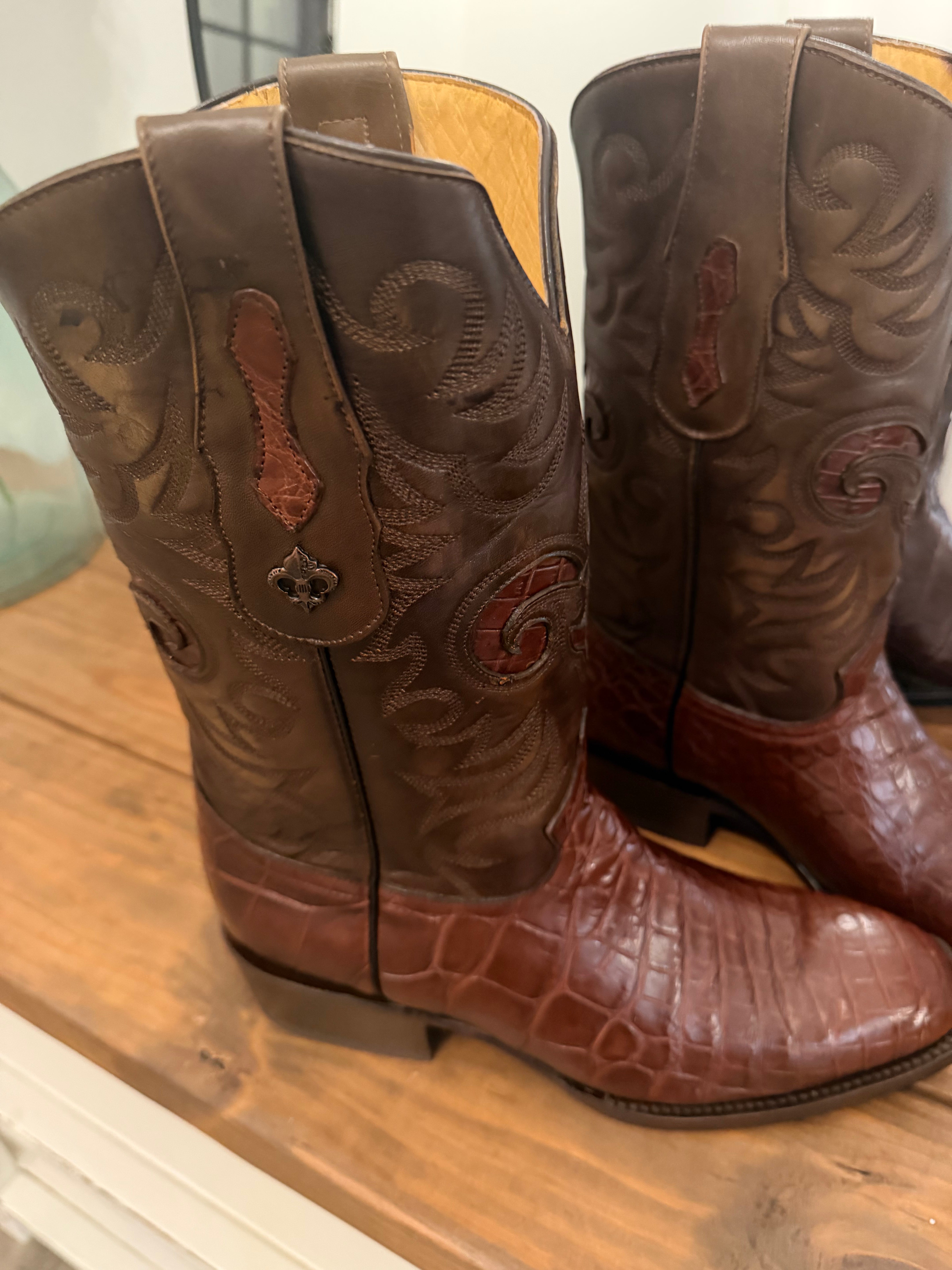 Square toe authentic hand crafted Louisiana alligator boots.