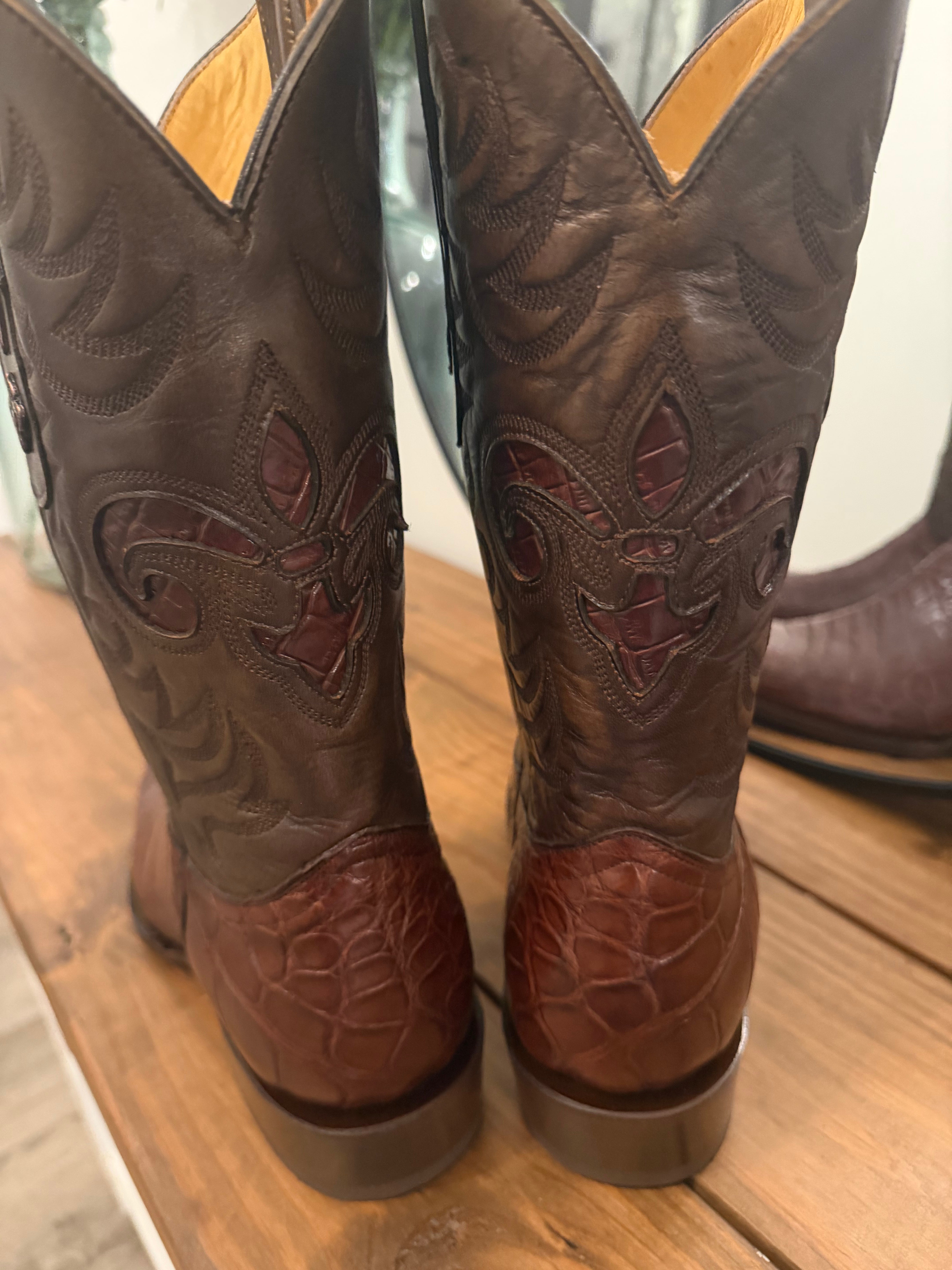Square toe authentic hand crafted Louisiana alligator boots.